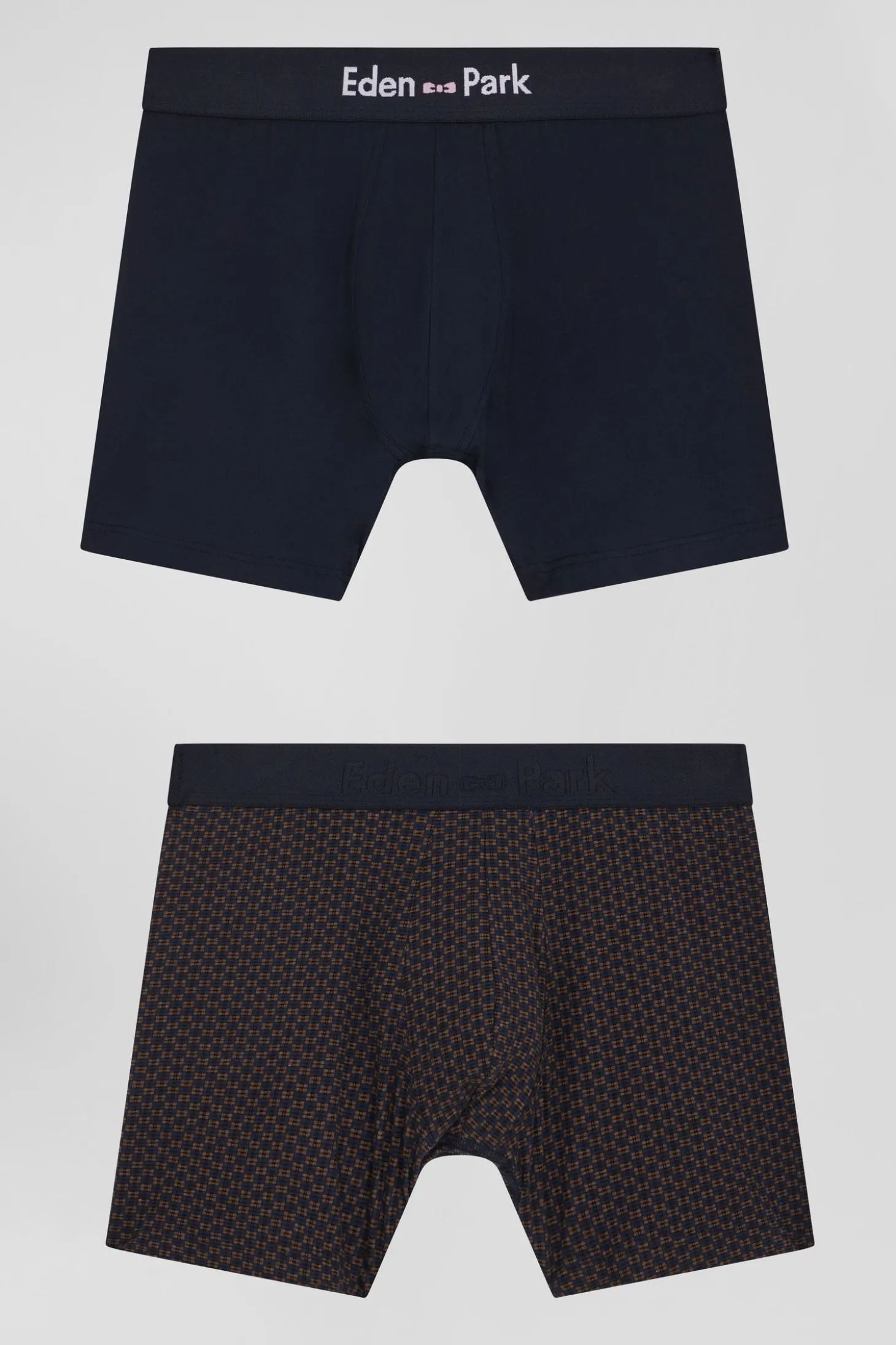 Set of 2 brown stretch cotton boxers with graphic micro patterns