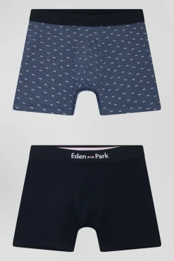Set of 2 dark blue solid and micro pattern stretch cotton boxers