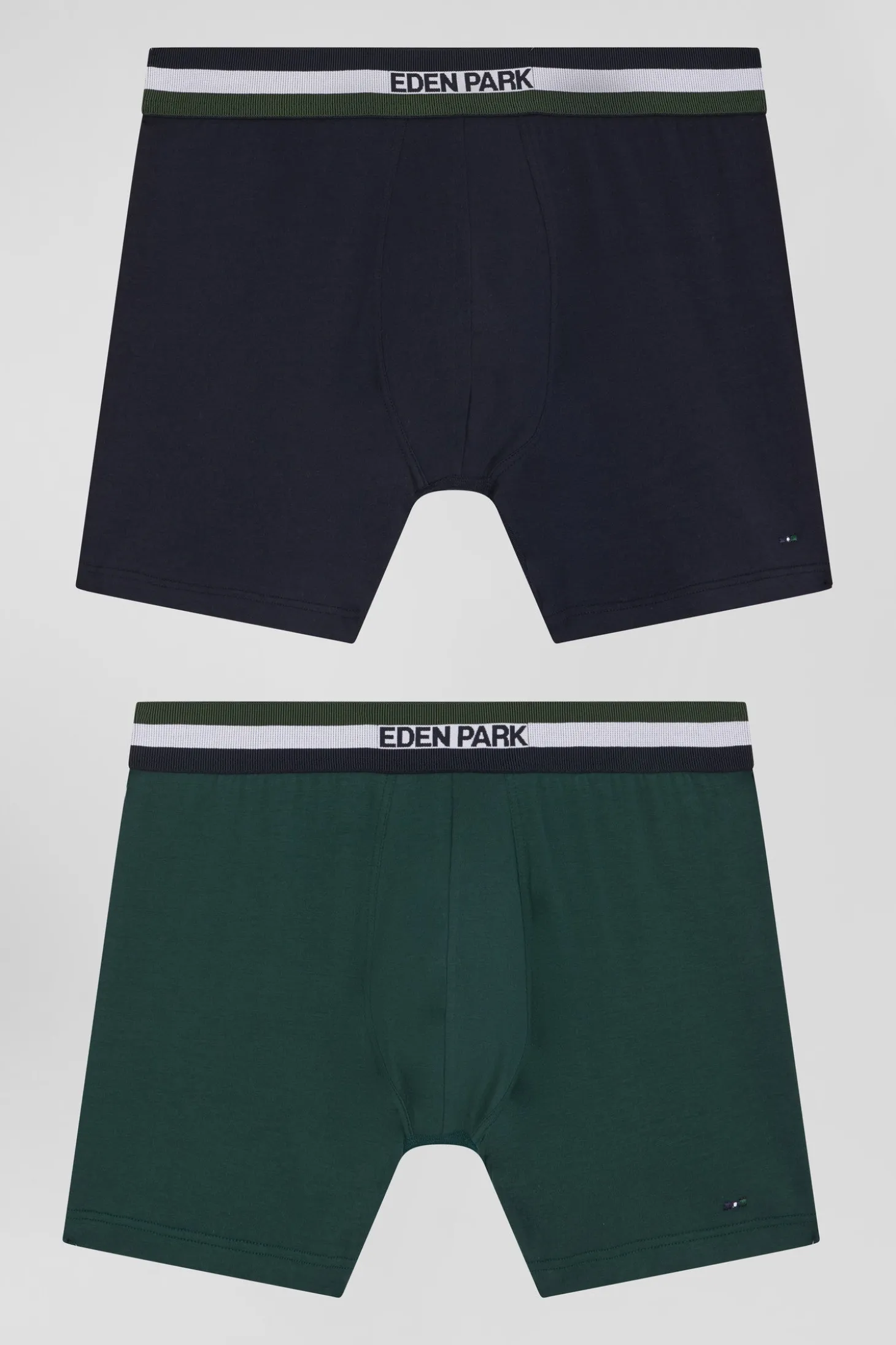 Set of 2 green stretch cotton boxers with tricolor waistband