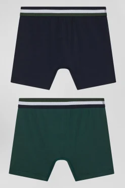 Set of 2 green stretch cotton boxers with tricolor waistband