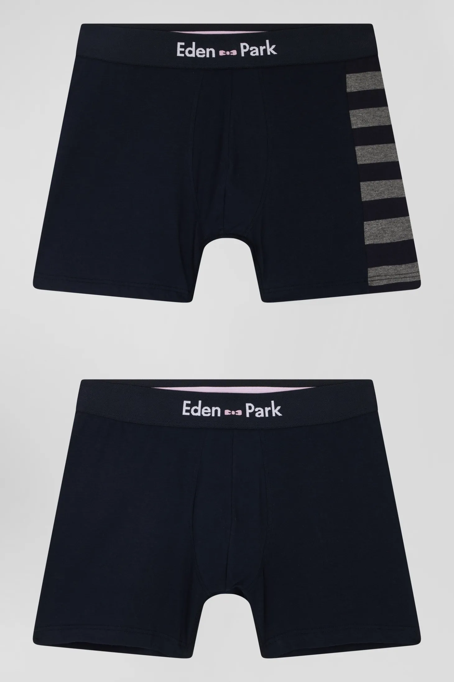 Set of 2 navy blue stretch cotton boxers with grey stripes