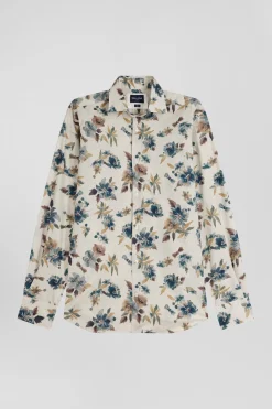 Slim beige floral print cotton shirt