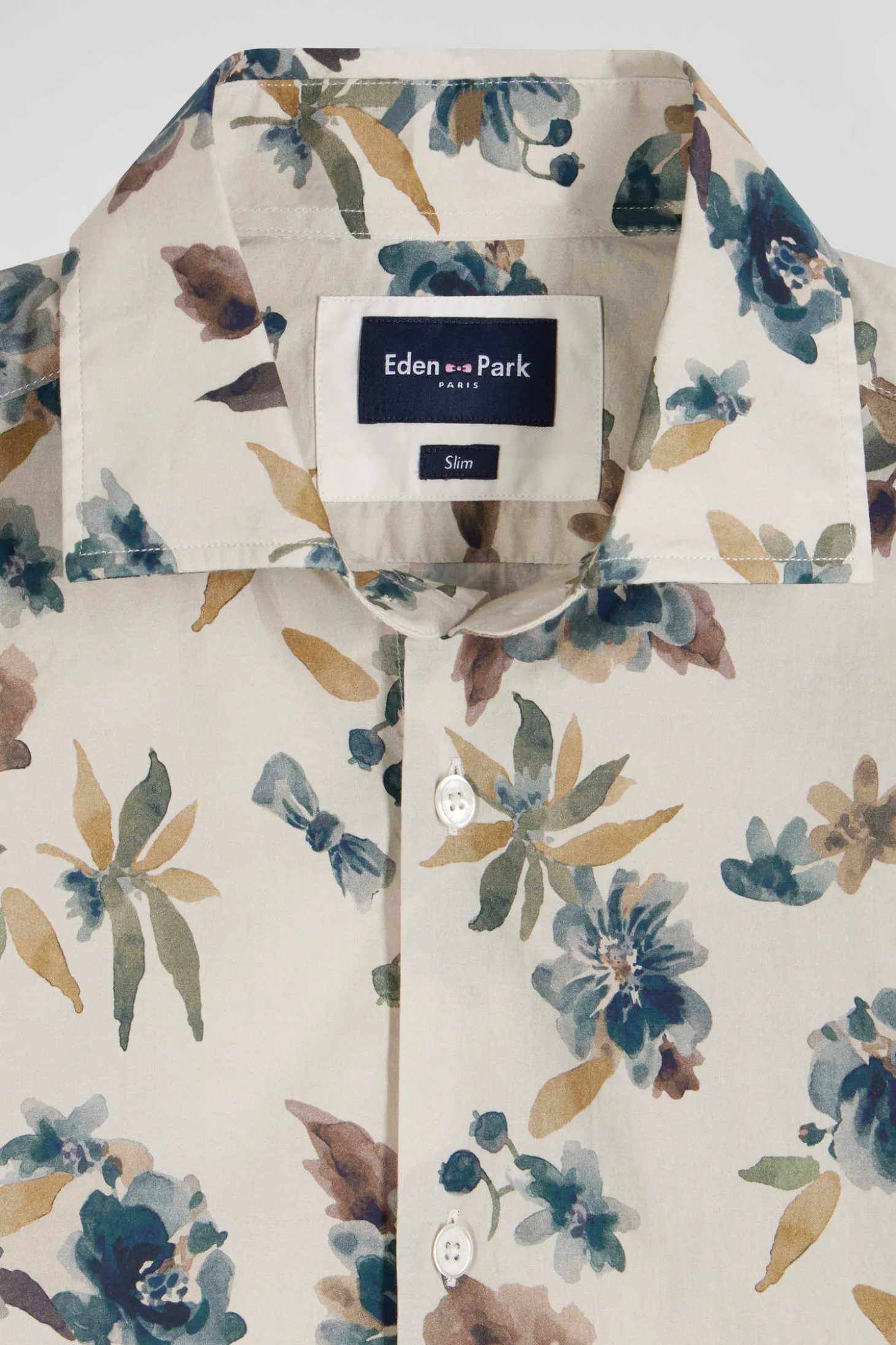 Slim beige floral print cotton shirt