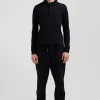 Slim black long-sleeved cotton piqué polo shirt