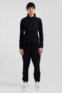 Slim black long-sleeved cotton piqué polo shirt