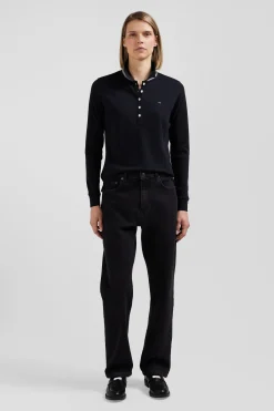 Slim black long-sleeved stretch cotton polo shirt with striped collar