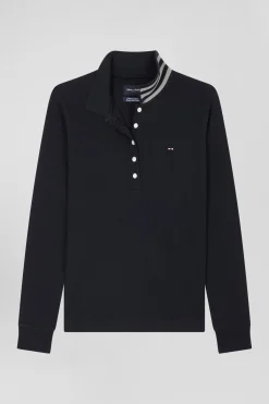 Slim black long-sleeved stretch cotton polo shirt with striped collar