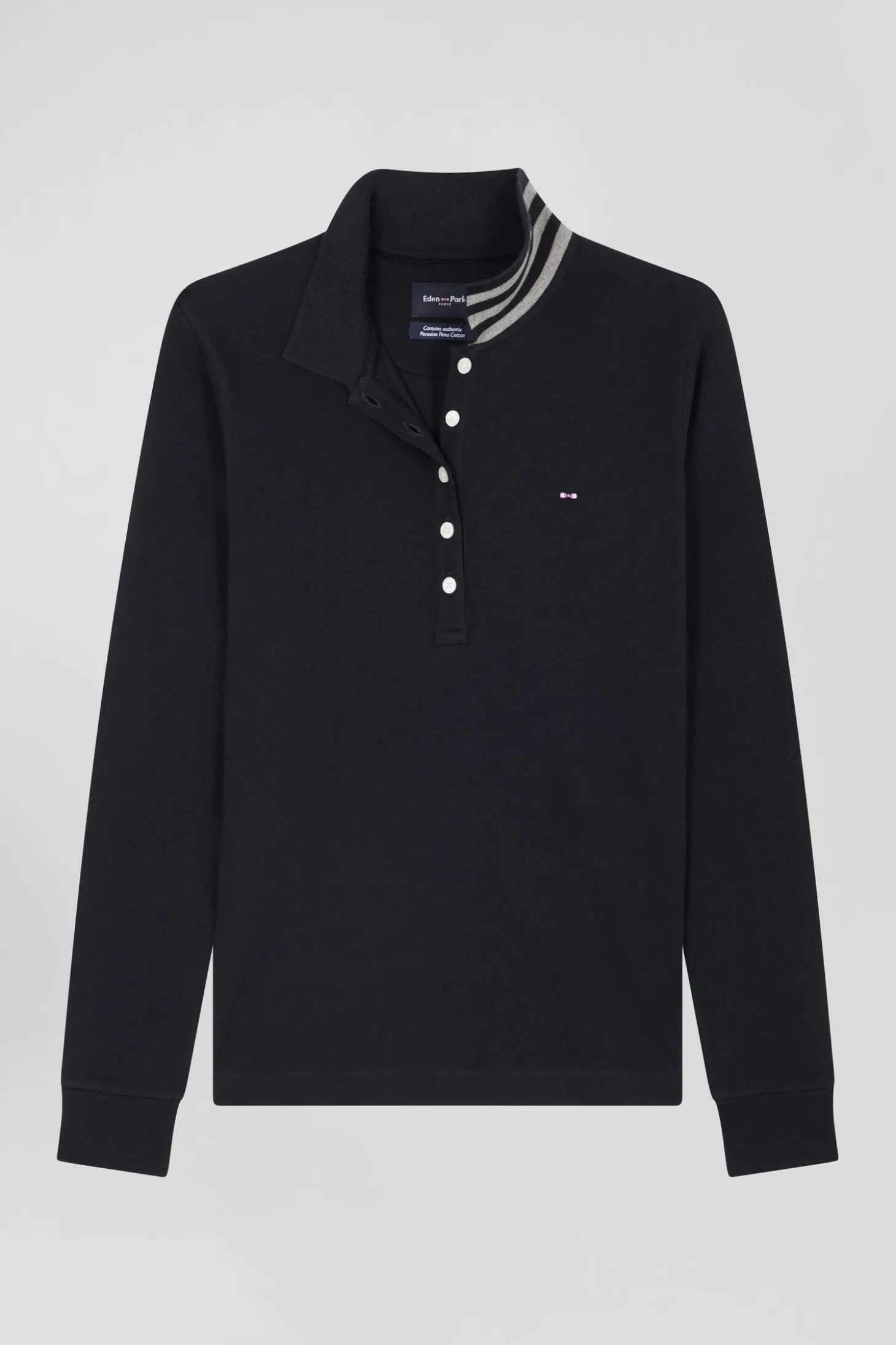 Slim black long-sleeved stretch cotton polo shirt with striped collar