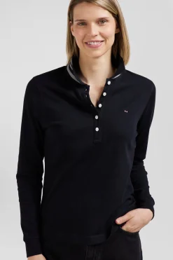 Slim black long-sleeved stretch cotton polo shirt with striped collar