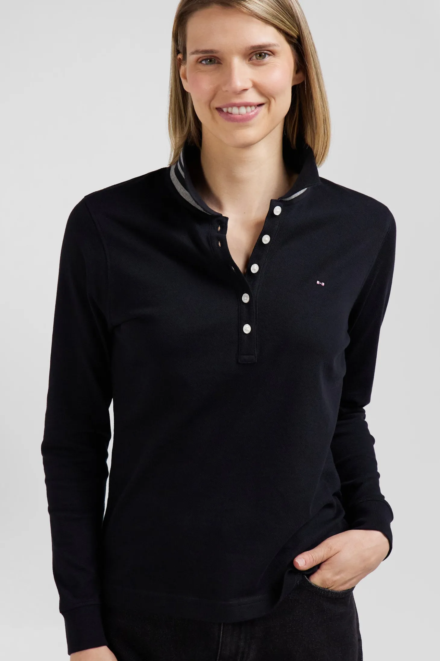 Slim black long-sleeved stretch cotton polo shirt with striped collar