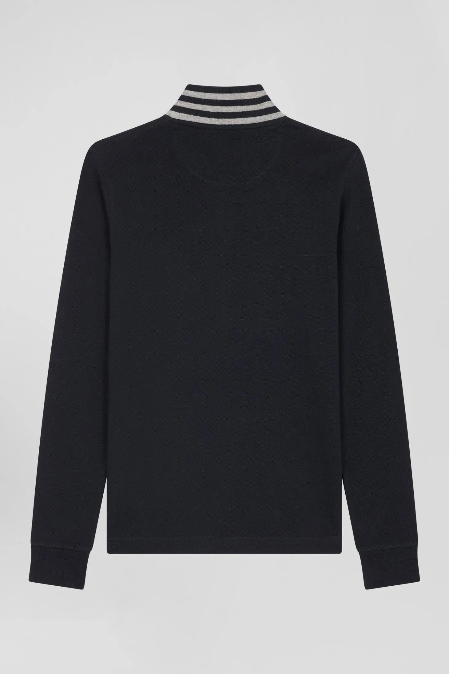 Slim black long-sleeved stretch cotton polo shirt with striped collar