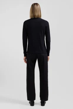 Slim black long-sleeved stretch cotton polo shirt with striped collar