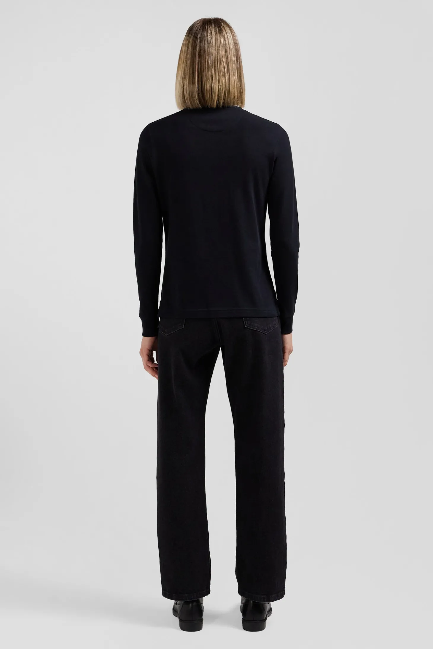 Slim black long-sleeved stretch cotton polo shirt with striped collar