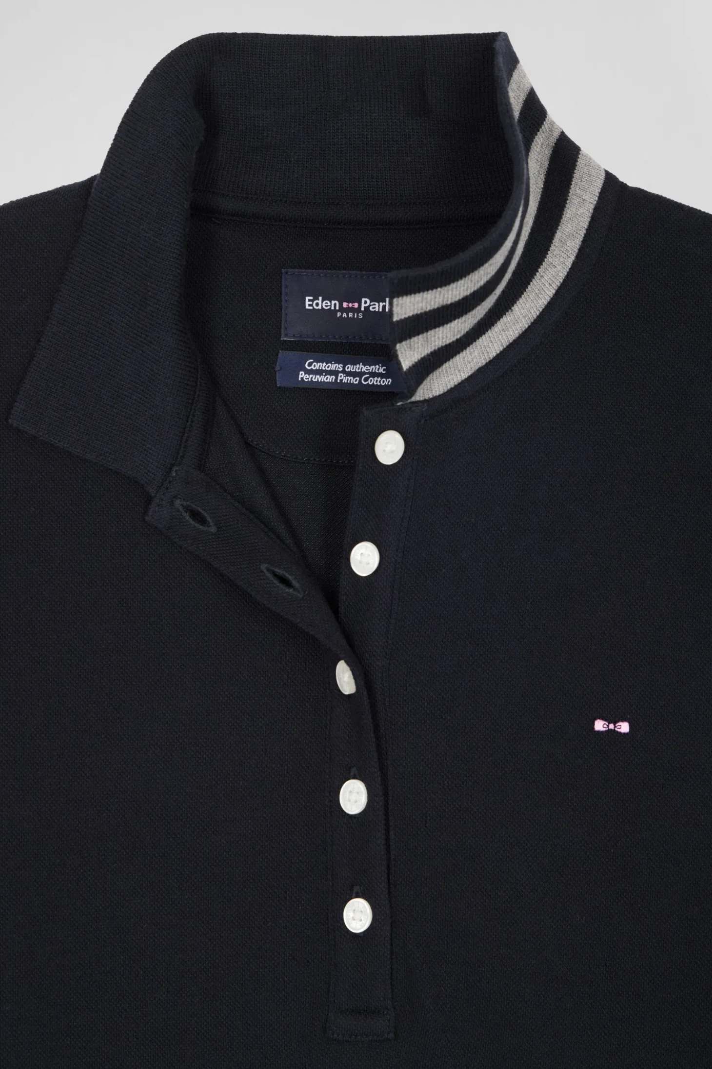 Slim black long-sleeved stretch cotton polo shirt with striped collar