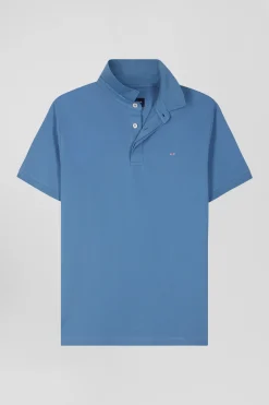 Slim blue short-sleeved stretch cotton polo shirt