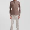 Slim brown long-sleeved stretch cotton polo shirt with striped finishes