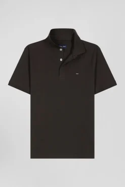 Slim brown short-sleeved cotton piqué polo shirt