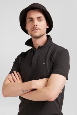 Slim brown short-sleeved cotton piqué polo shirt