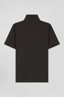 Slim brown short-sleeved cotton piqué polo shirt