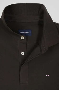 Slim brown short-sleeved cotton piqué polo shirt