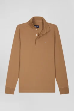 Slim camel long-sleeved cotton piqué polo shirt