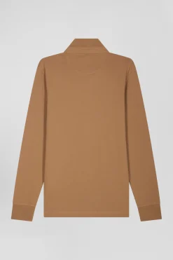 Slim camel long-sleeved cotton piqué polo shirt