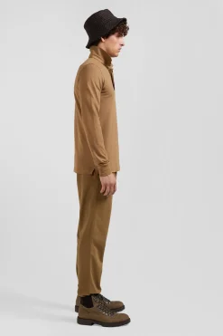 Slim camel long-sleeved cotton piqué polo shirt
