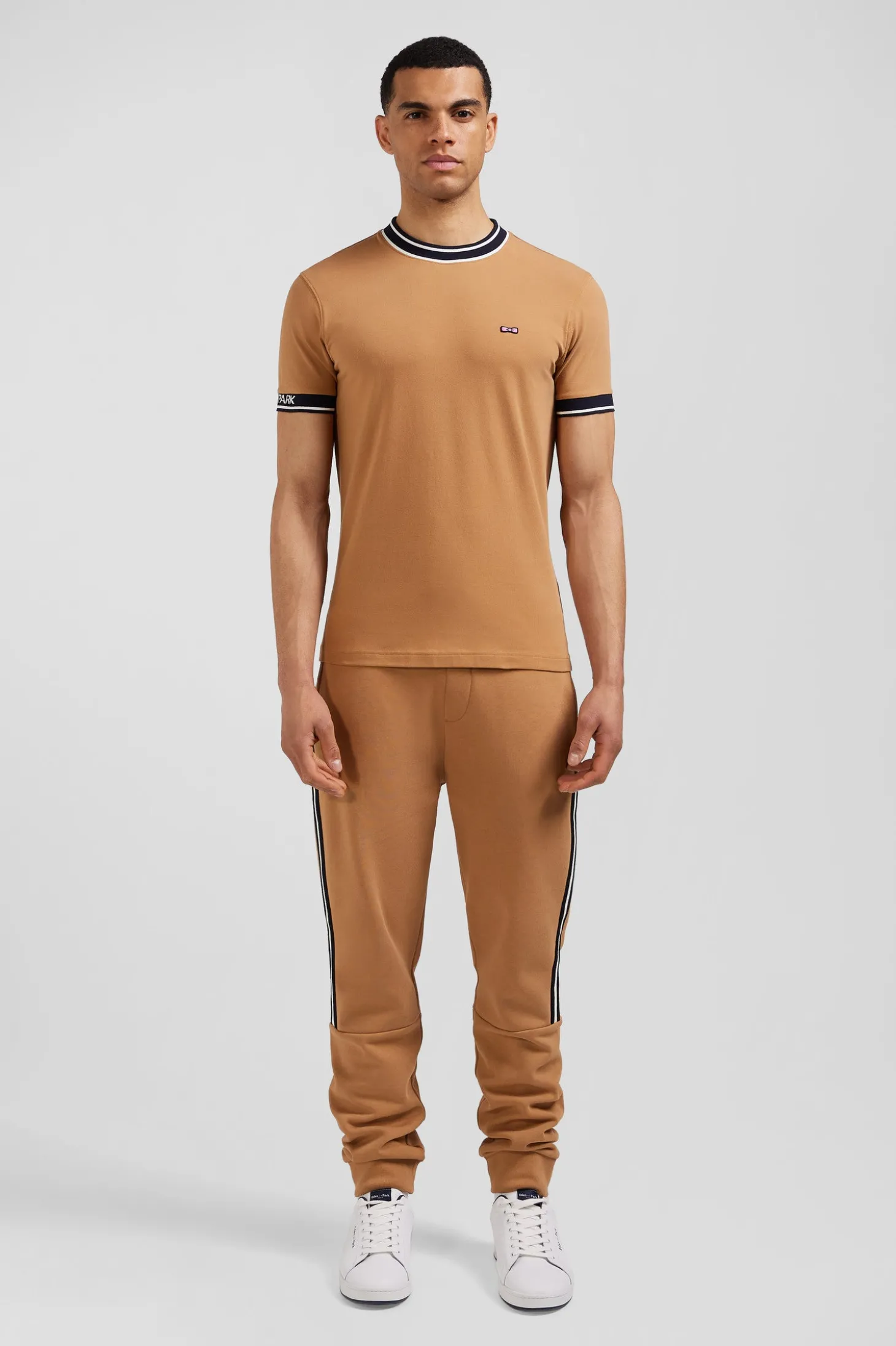 Slim camel short-sleeved cotton T-shirt with Eden Park ribs