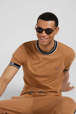 Slim camel short-sleeved cotton T-shirt with Eden Park ribs