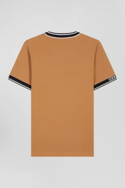 Slim camel short-sleeved cotton T-shirt with Eden Park ribs