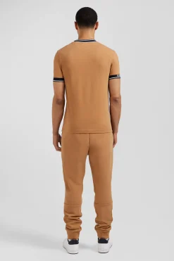 Slim camel short-sleeved cotton T-shirt with Eden Park ribs
