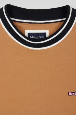 Slim camel short-sleeved cotton T-shirt with Eden Park ribs