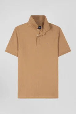 Slim camel short-sleeved stretch cotton polo shirt