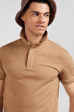 Slim camel short-sleeved stretch cotton polo shirt