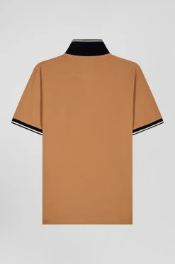 Slim camel short-sleeved stretch cotton polo shirt with Eden Park jacquard collar