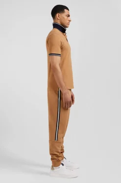 Slim camel short-sleeved stretch cotton polo shirt with Eden Park jacquard collar