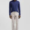 Slim dark blue long-sleeved stretch cotton polo shirt with striped finishes