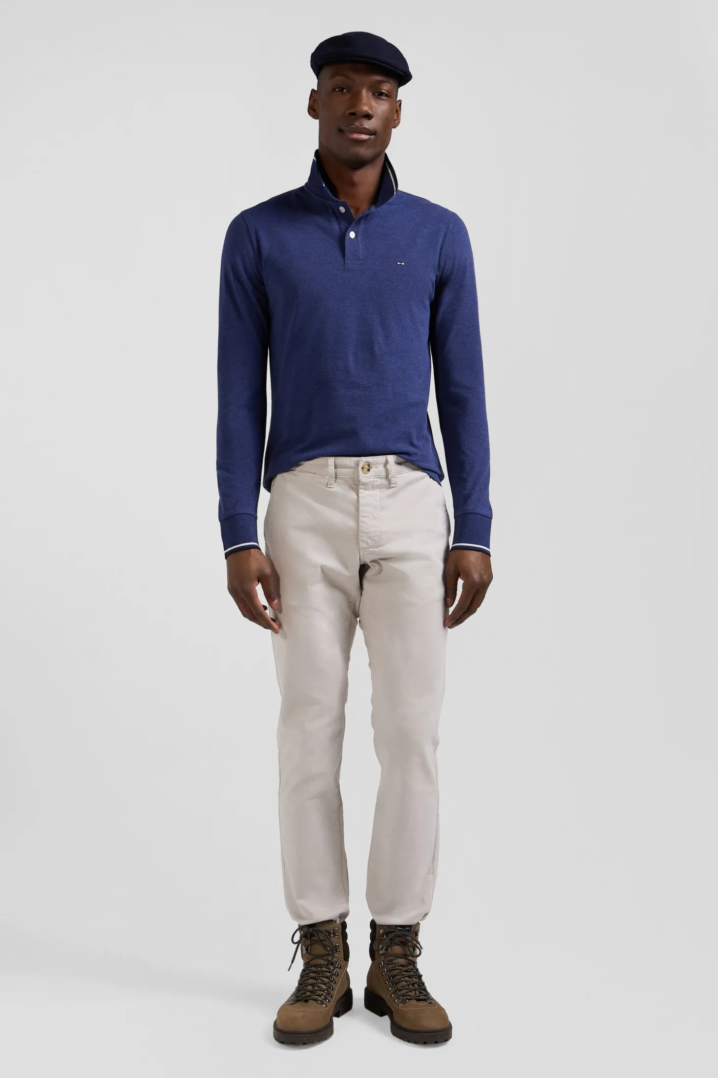 Slim dark blue long-sleeved stretch cotton polo shirt with striped finishes