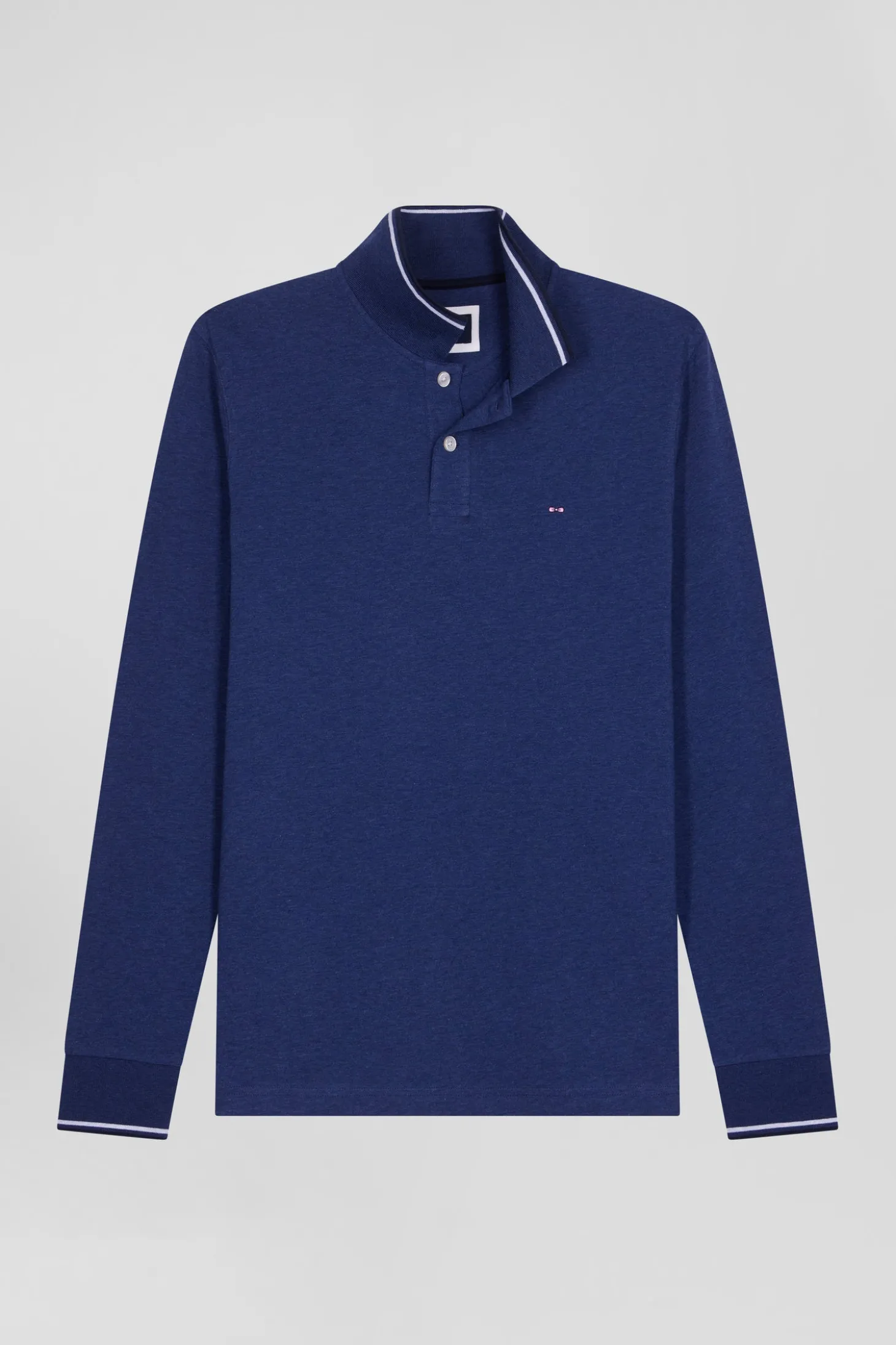 Slim dark blue long-sleeved stretch cotton polo shirt with striped finishes
