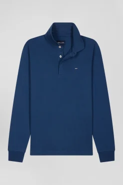 Slim dark blue long-sleeved cotton piqué polo shirt