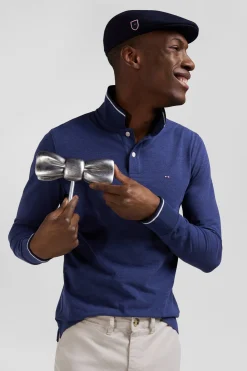 Slim dark blue long-sleeved stretch cotton polo shirt with striped finishes