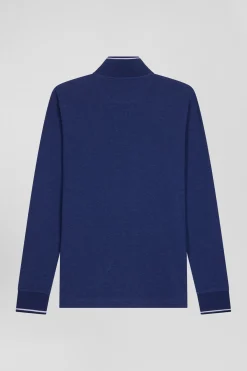 Slim dark blue long-sleeved stretch cotton polo shirt with striped finishes