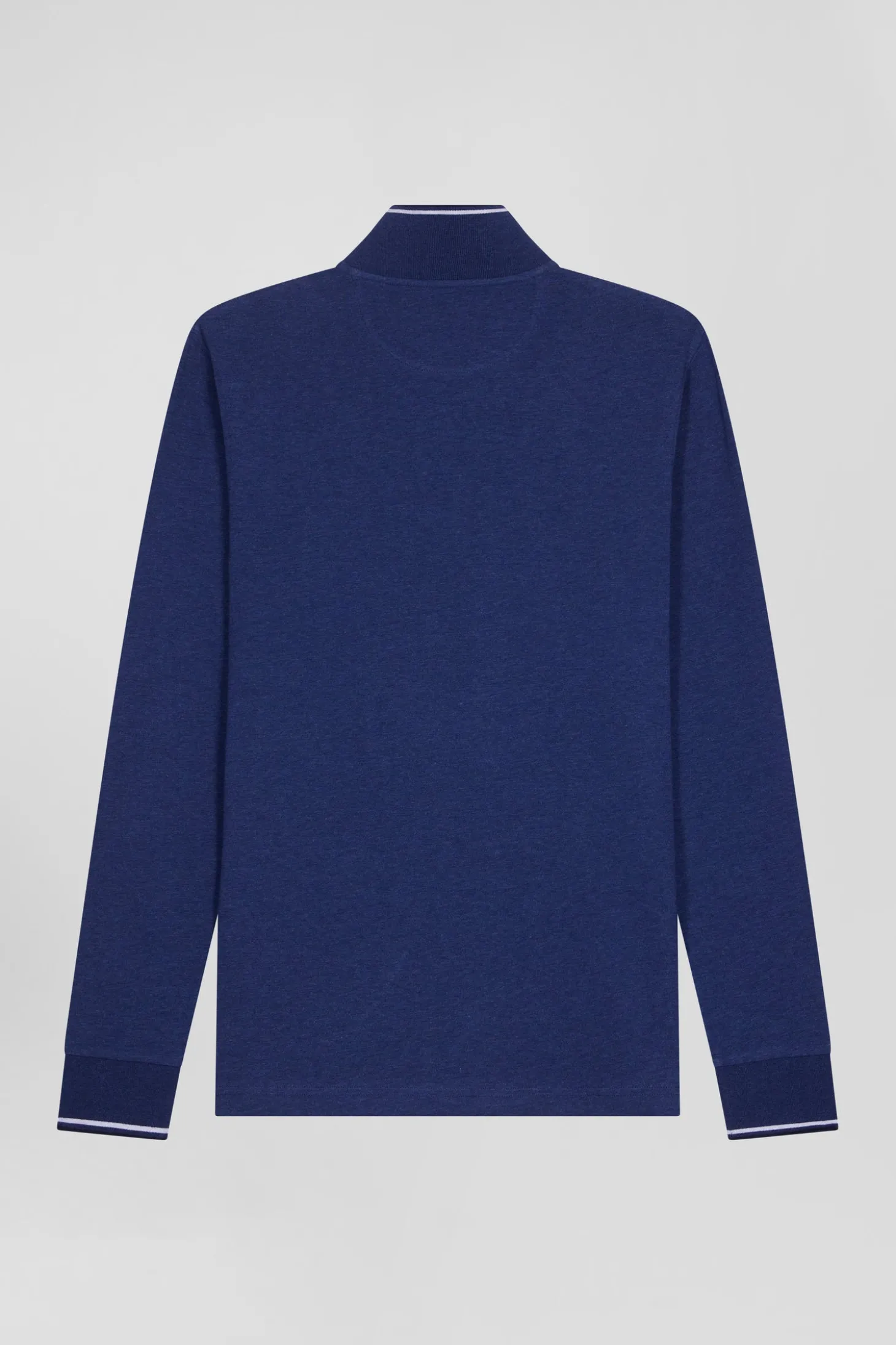 Slim dark blue long-sleeved stretch cotton polo shirt with striped finishes