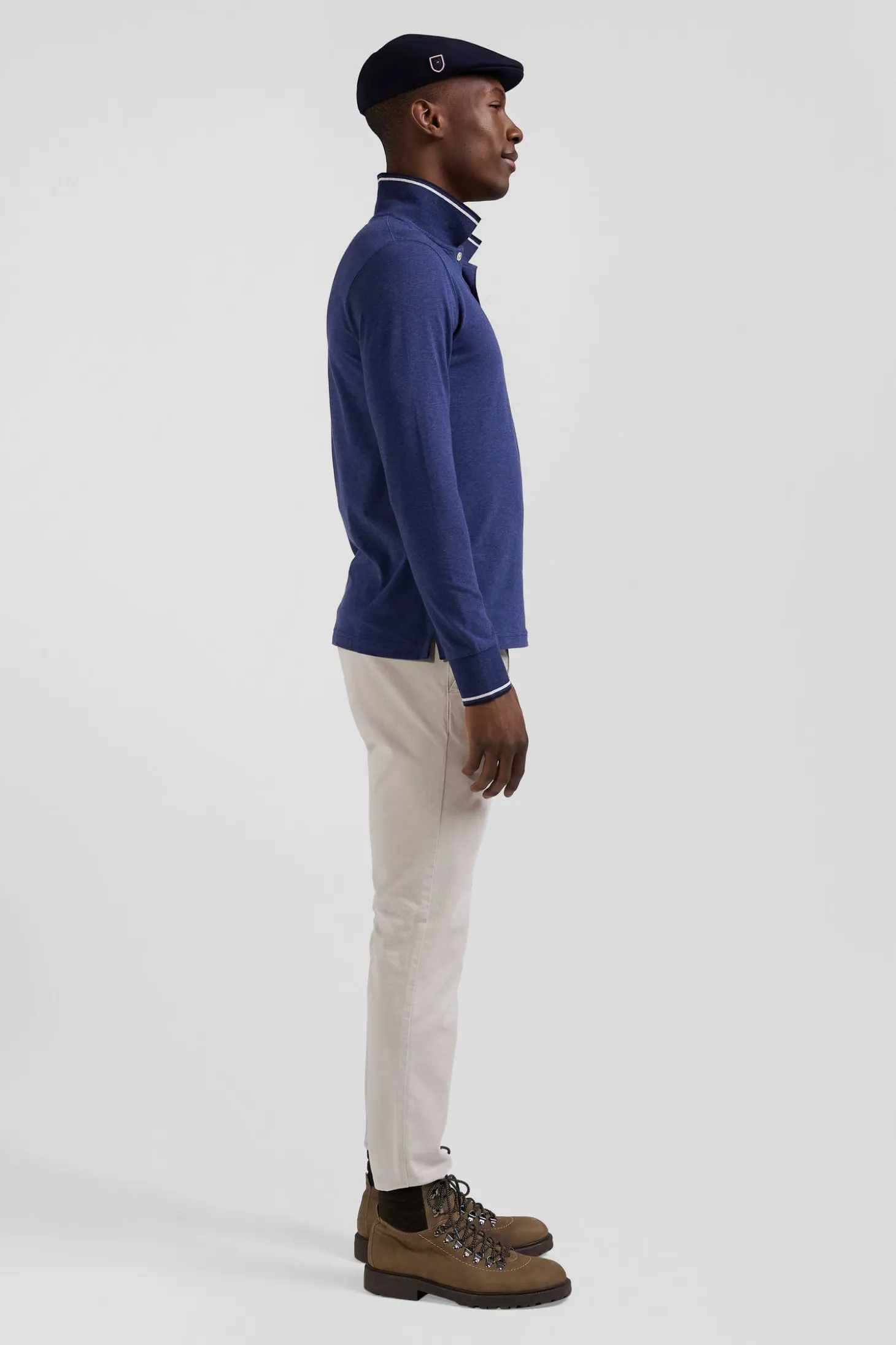 Slim dark blue long-sleeved stretch cotton polo shirt with striped finishes