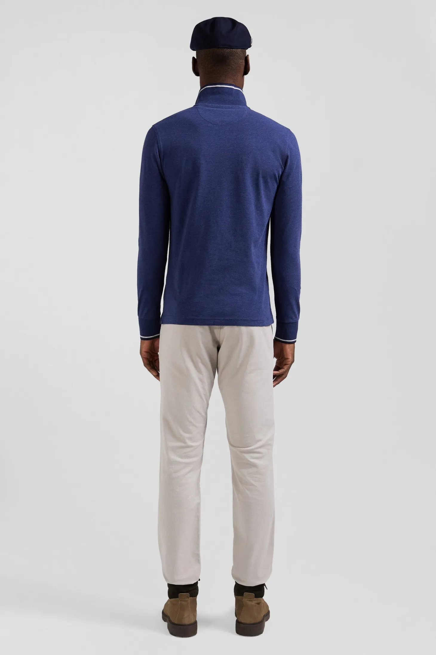 Slim dark blue long-sleeved stretch cotton polo shirt with striped finishes