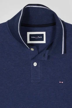 Slim dark blue long-sleeved stretch cotton polo shirt with striped finishes