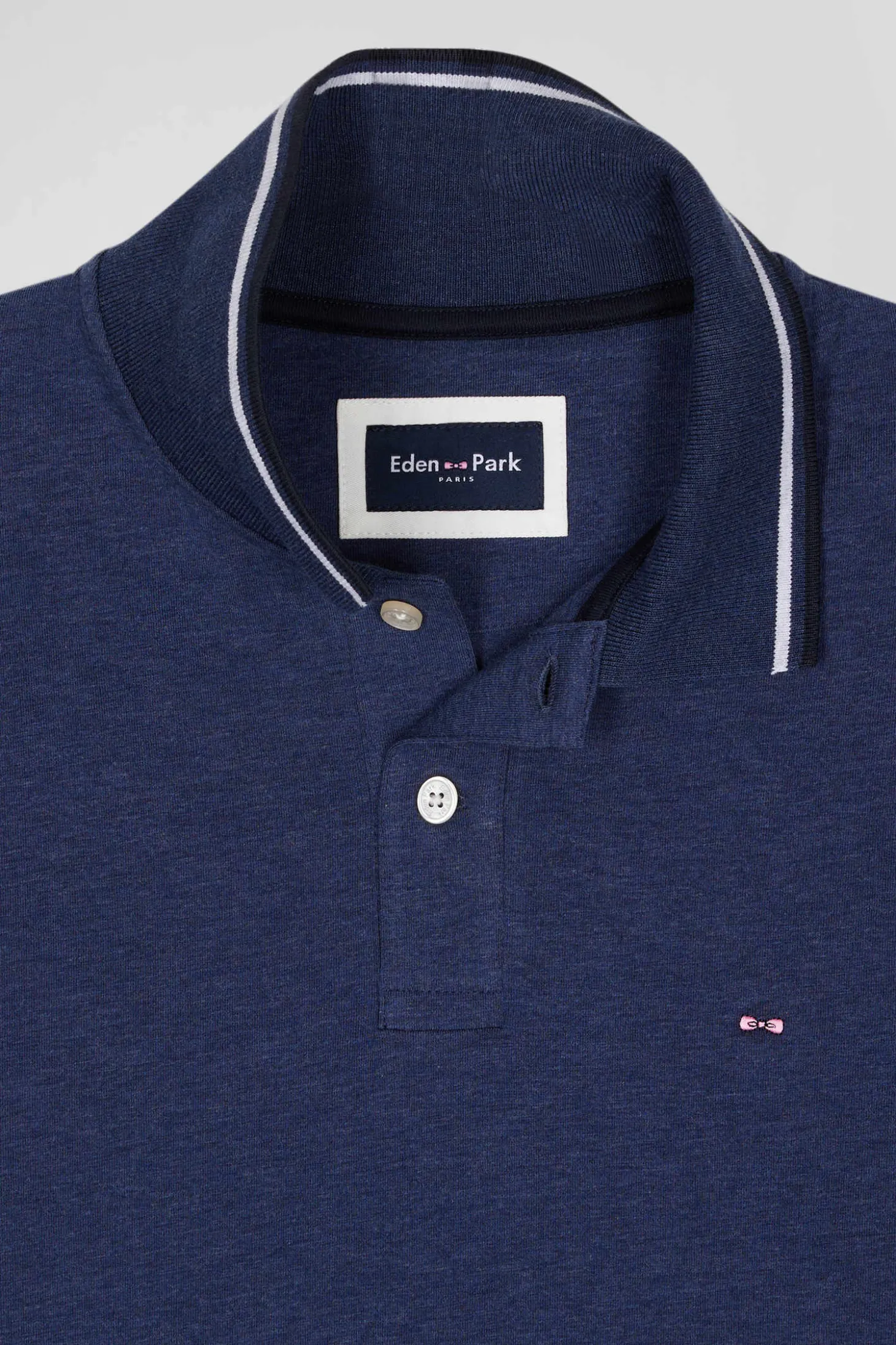 Slim dark blue long-sleeved stretch cotton polo shirt with striped finishes