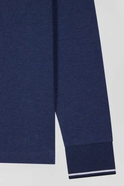 Slim dark blue long-sleeved stretch cotton polo shirt with striped finishes