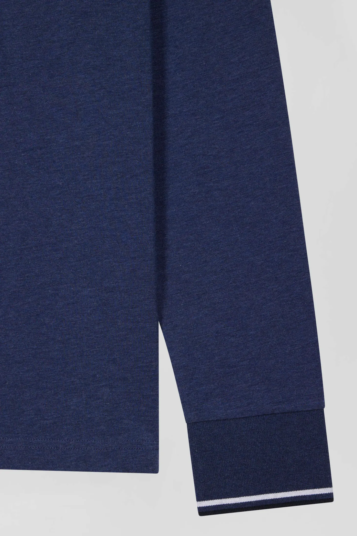 Slim dark blue long-sleeved stretch cotton polo shirt with striped finishes