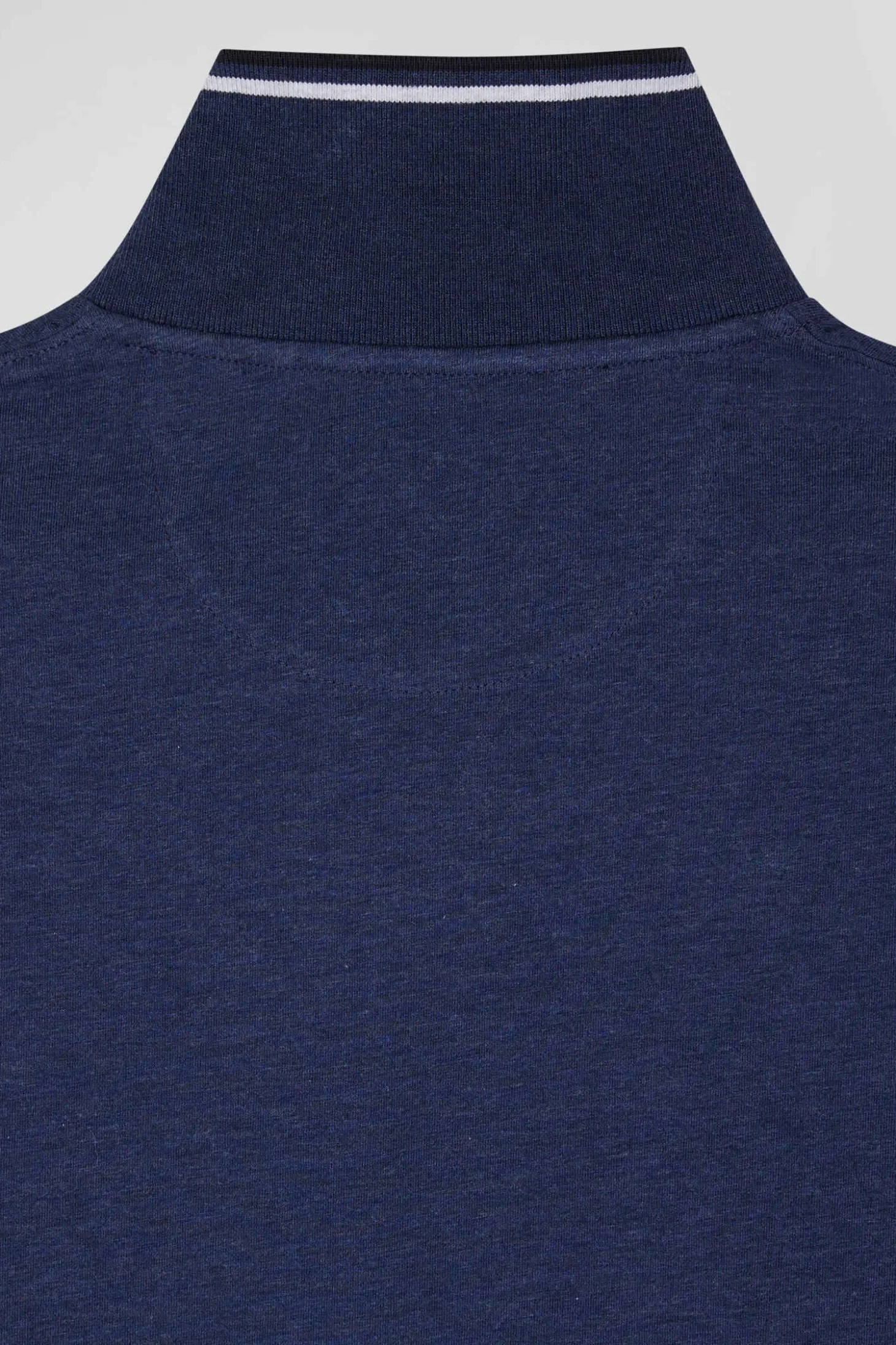 Slim dark blue long-sleeved stretch cotton polo shirt with striped finishes